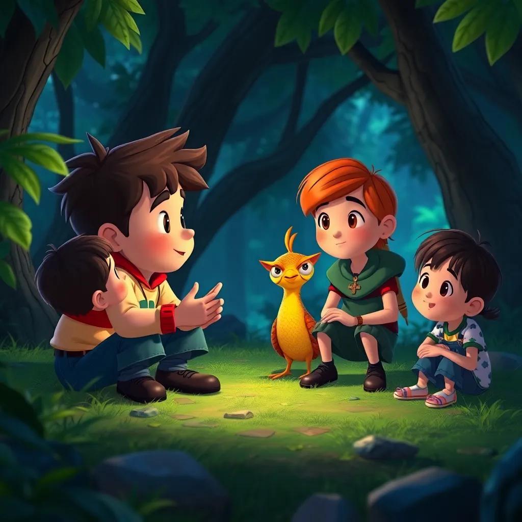 Pedro contando para seus amigos sobre sua aventura com Estelinha, um grupo de crianças ouvindo atentamente, natureza ao fundo, ambiente alegre, arte digital, esperançosa e animada