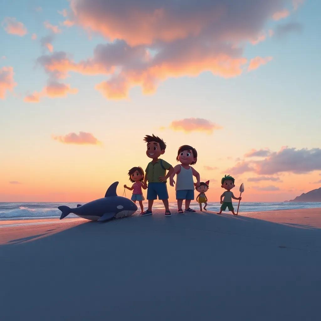 Uma paisagem da praia ao entardecer, com Pedro e seus amigos juntando-se para proteger a vida marinha, simbolizando a união e a conservação, arte digital, inspiradora e serena