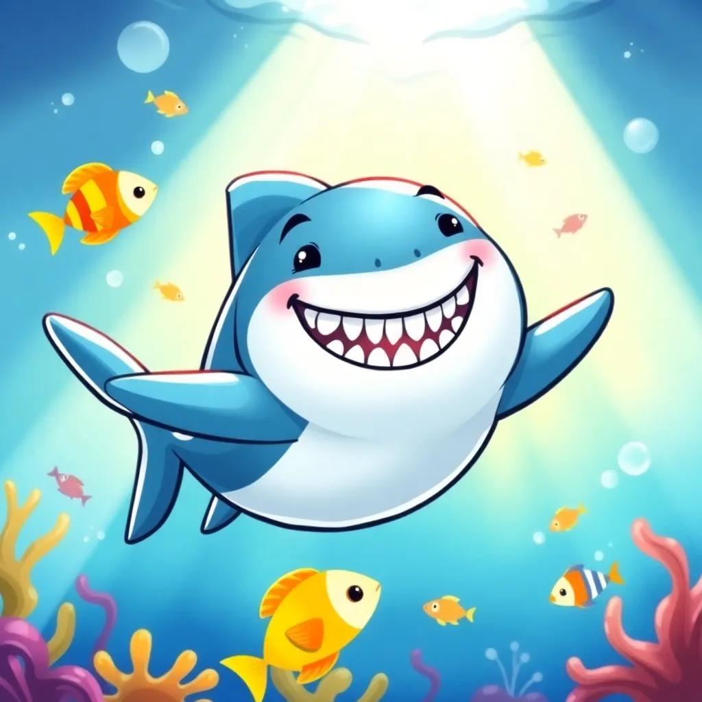 A happy shark named Max, with a big smile, swimming energetically in the ocean, with colorful fish around and sunlight filtering through the water, illustration, playful, child-friendly, bright colors
