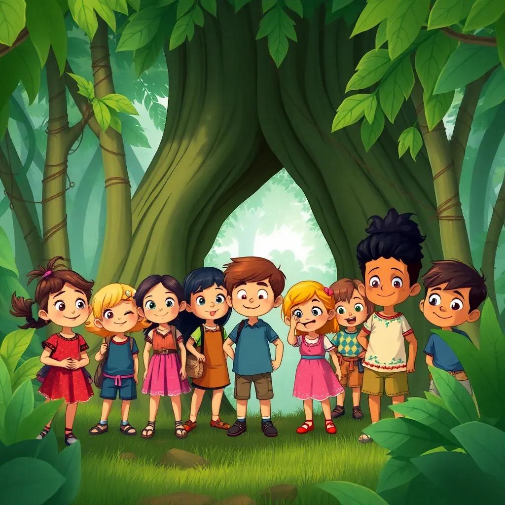 Um grupo de crianças felizes, com variedade de etnias e estilos de roupas, descobrindo uma porta secreta na floresta, rodeadas por árvores altas e verdes, digital art, colorido, atmosfera de aventura, alegre e divertida