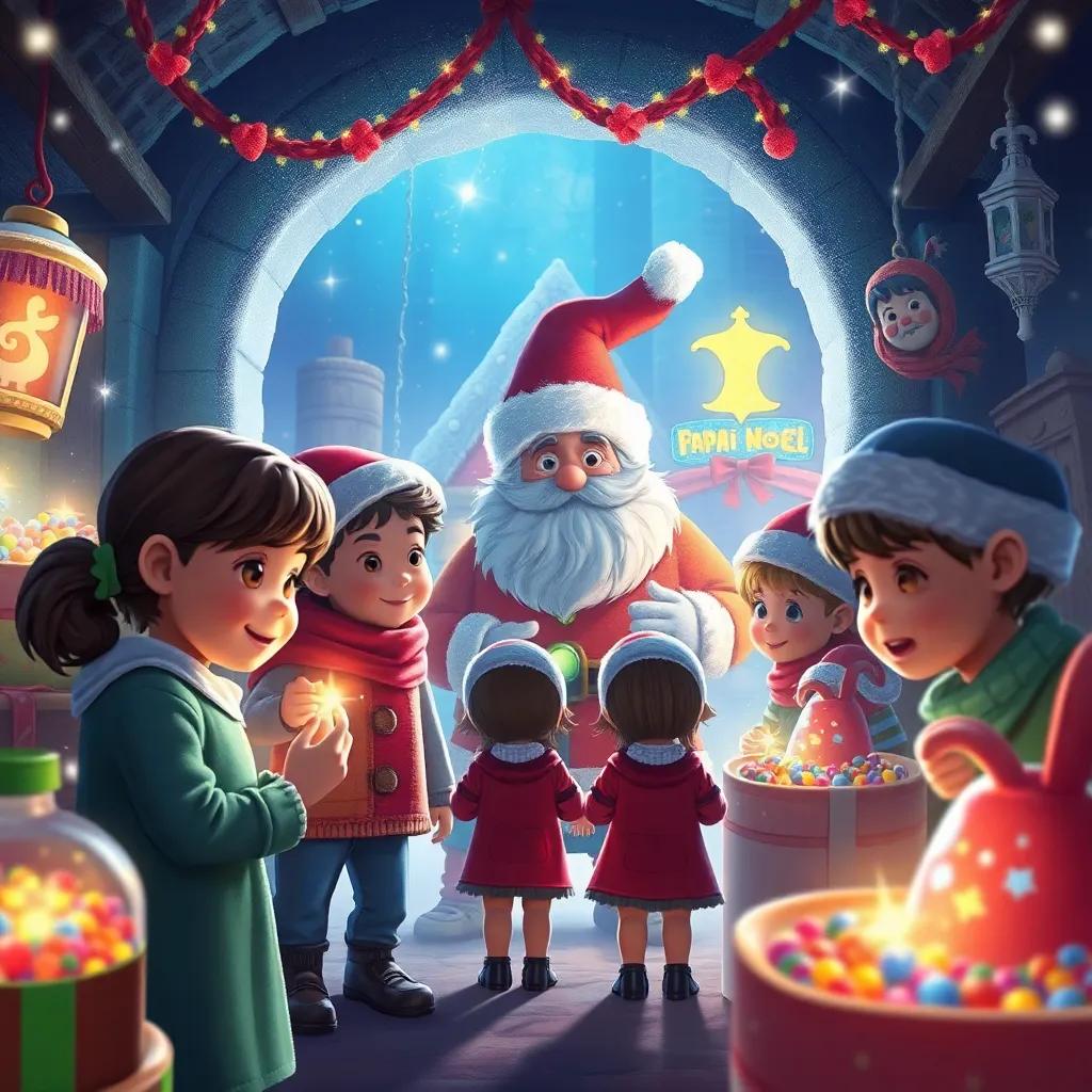 As crianças entrando na fábrica do Papai Noel, com elfos trabalhando em brinquedos ao fundo, muitos brinquedos coloridos e luzes brilhantes, digital art, vibrante, atmosfera mágica, cheia de amor e união