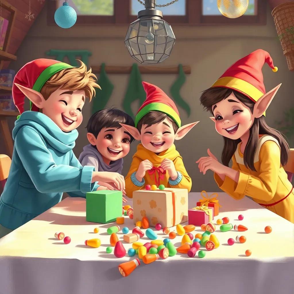 As crianças ajudando os elfos a montar e embrulhar os brinquedos, todos sorrindo e se divertindo, com papel colorido e laços, uma tabela cheia de brinquedos ao fundo , digital painting, alegre, ensolarado, clima de amizade