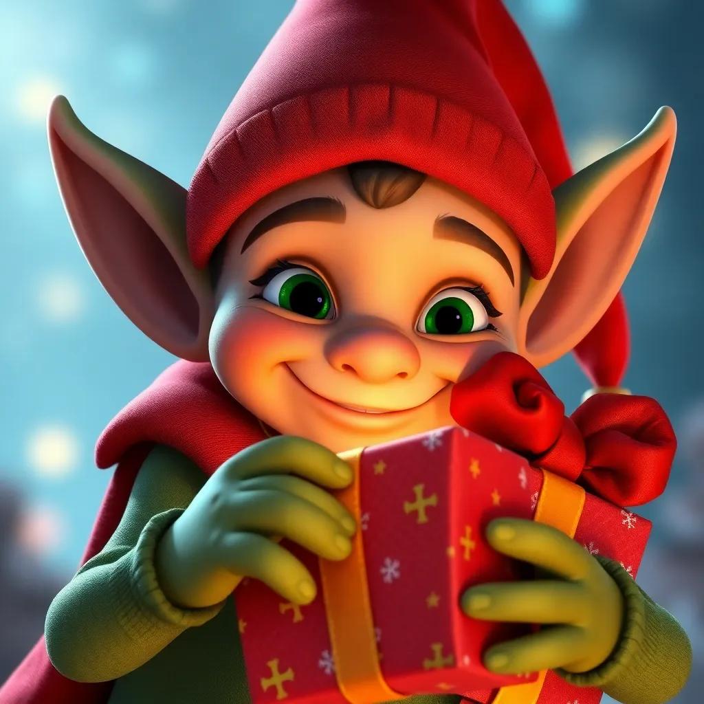 Close em um dos elfos mostrando como embrulhar um presente para as crianças, com um sorriso feliz e brinquedos ao redor, cores quentes e convidativas, digital art, detalhado, amistoso