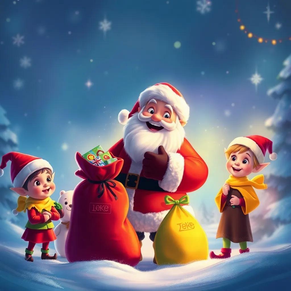 O Papai Noel agradecendo as crianças com um sorriso, segurando sacos de brinquedos, enquanto os elfos observam com alegria, cenário mágico, digital painting, colorido, transparecendo alegria e generosidade