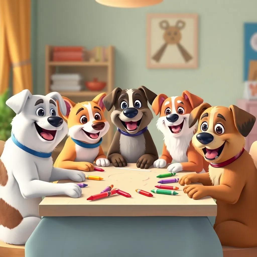 A happy family of dogs sitting around a table, drawing together with colorful crayons, bright and cheerful atmosphere, digital art, playful, warm colors, family bonding, high quality