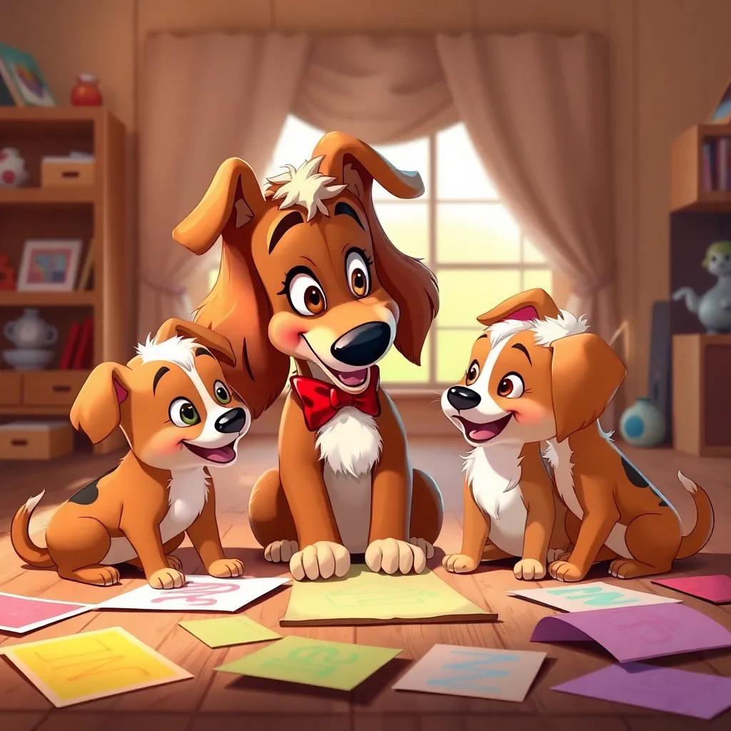 Lila, the mother dog, with brown fur and a red bowtie, showing her pups how to draw, colorful papers scattered around, vibrant art style, inviting scene, family love, high quality