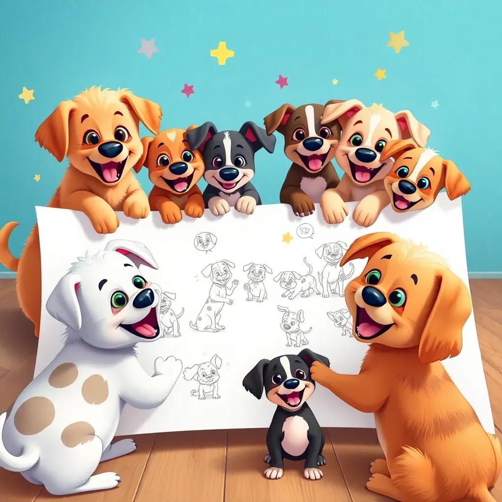 Excited puppies working together on a big white paper, filled with bright colors and playful sketches of their family, joyful chaos, colorful scene, cheerful vibe, high quality