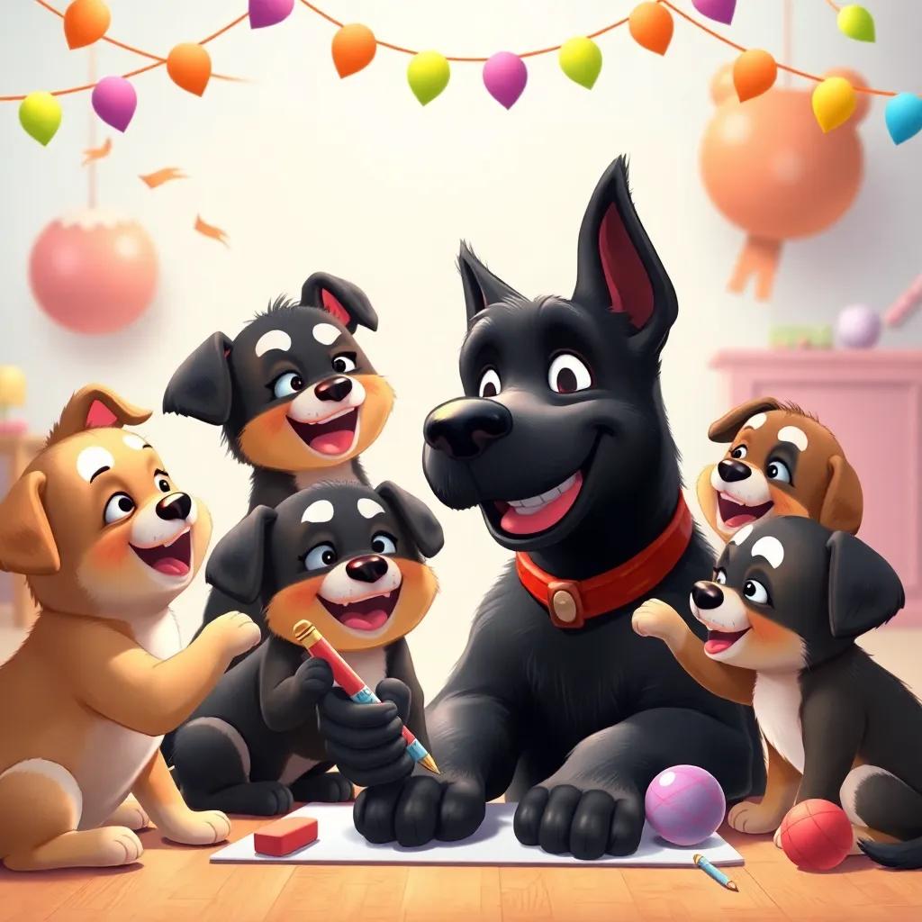 The puppies drawing their father, Max, a black dog with a big smile, colorful decorations around them, laughter and fun in the air, heartwarming scene, high quality