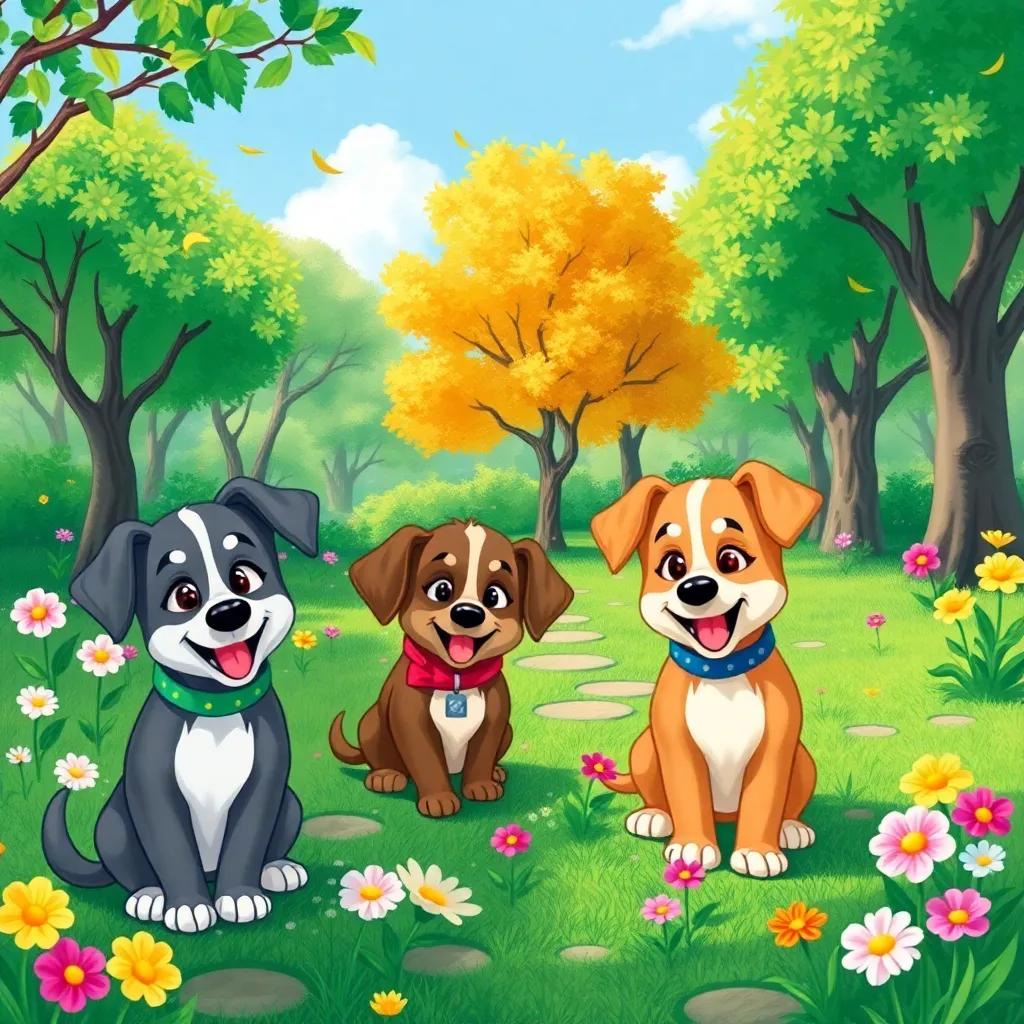 A vibrant park with flowers and trees being drawn by the puppies, recalling their favorite play moments, colorful and cheerful, heartwarming imagery, high quality