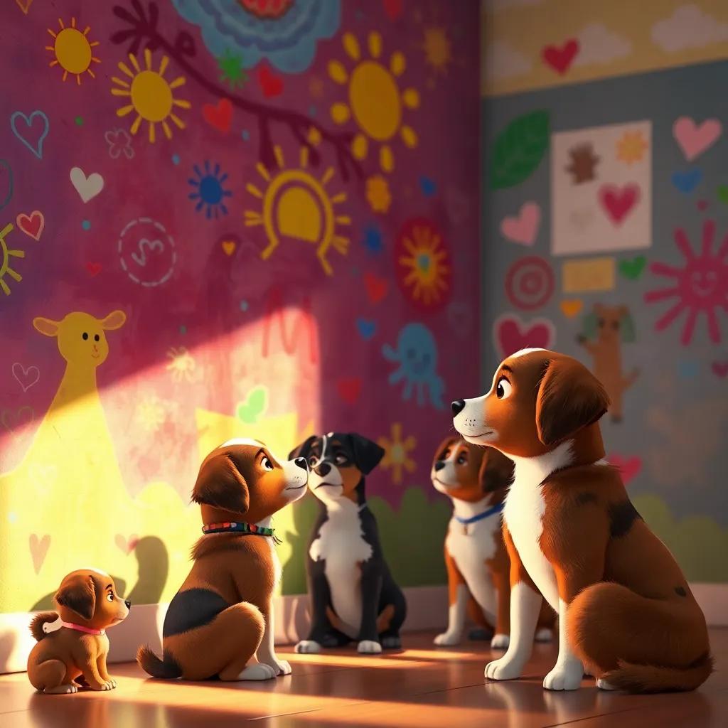 Lila looking at the beautiful mural created by her puppies, with colorful drawings on the wall, family pride, warm light, bright atmosphere, heartwarming scene, high quality