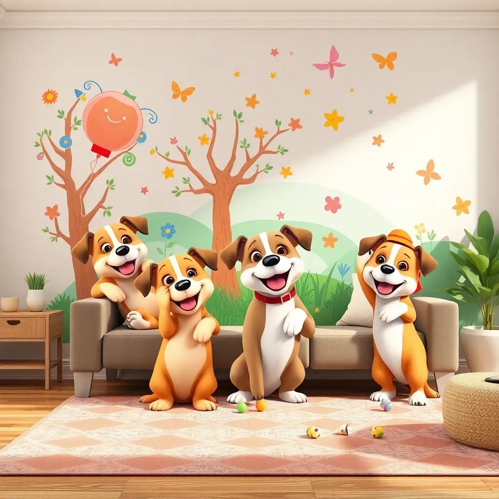 The puppies happily sticking the mural on the living room wall, filled with colors and their happy creations, cheerful home atmosphere, heartwarming vibe, high quality