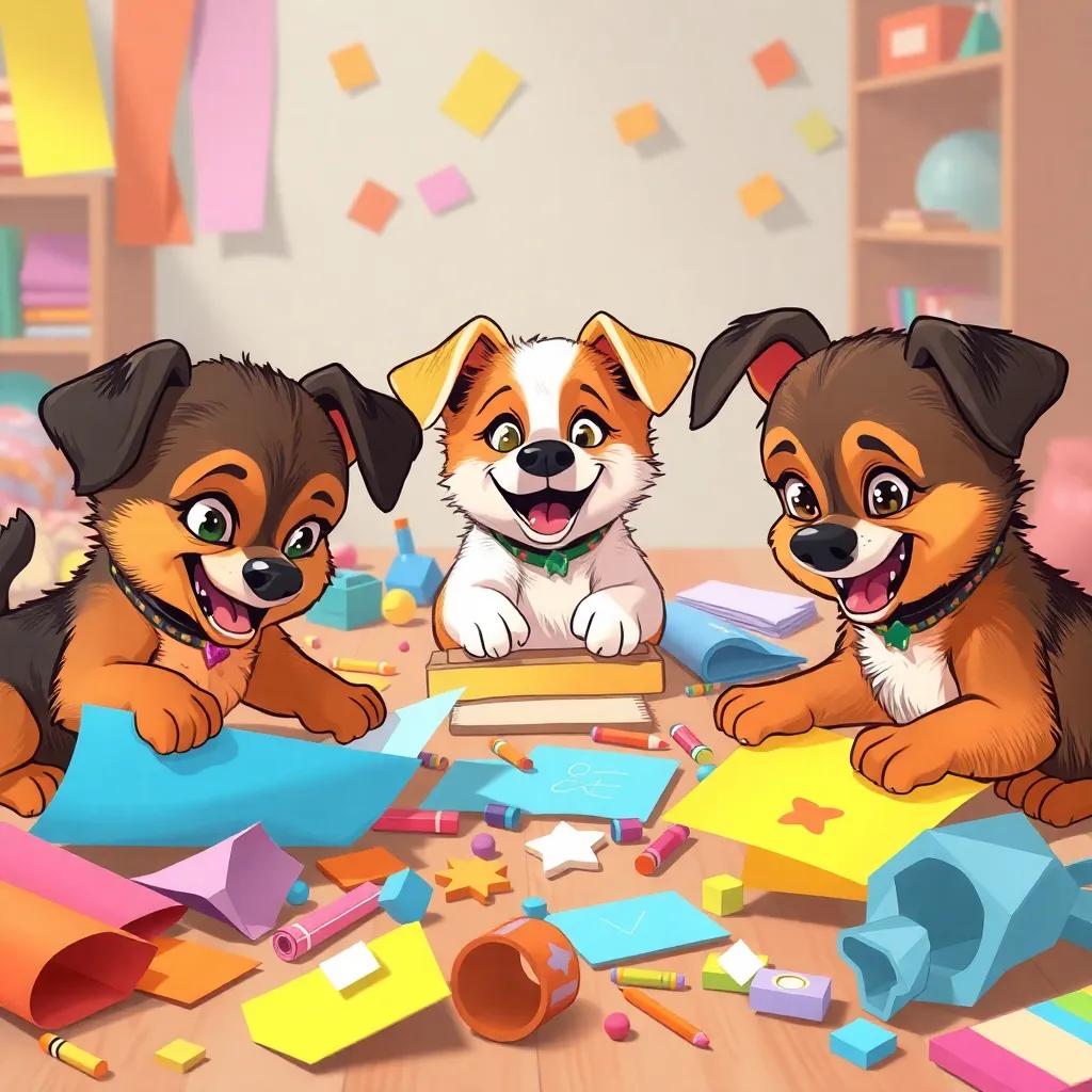 Pups working on crafts with paper, fabrics, and fun materials, excited expressions, busy hands, creative chaos, vibrant colors, high quality