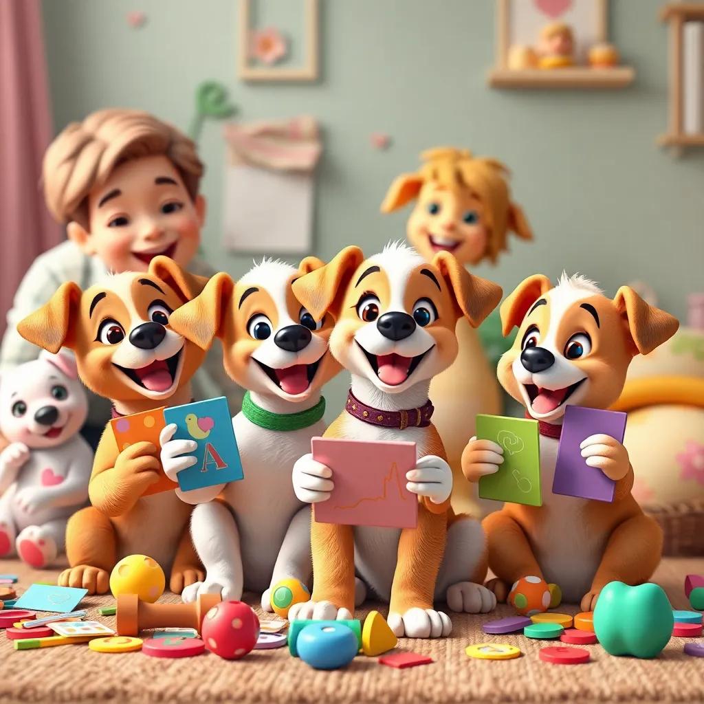 The puppies showcasing their colorful toys and cards, surrounded by laughter and smiles, happy family interactions, colorful and vibrant, high quality