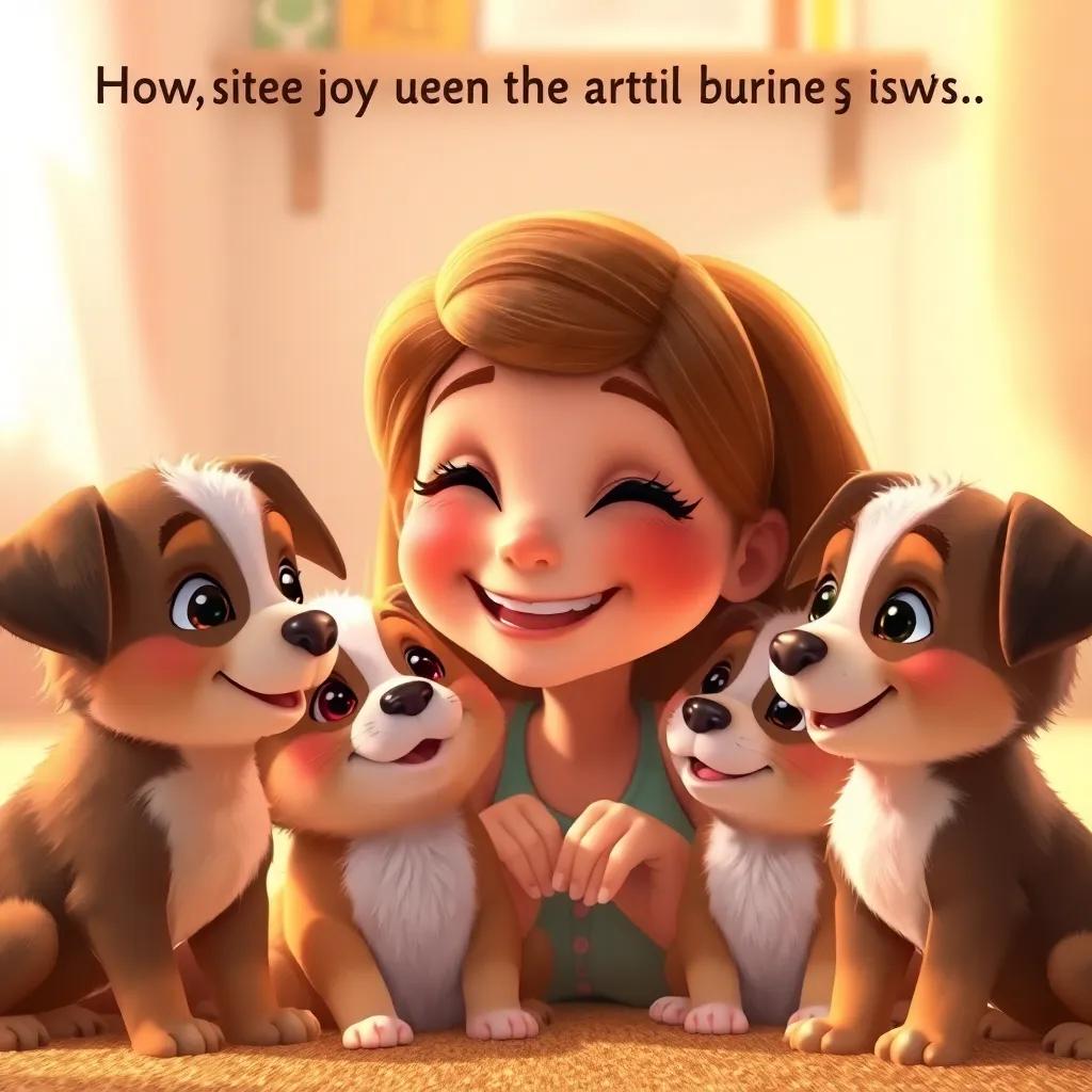 Lila smiling at her puppies, saying how much joy art brings them, warm and loving atmosphere, heartwarming family moment, high quality