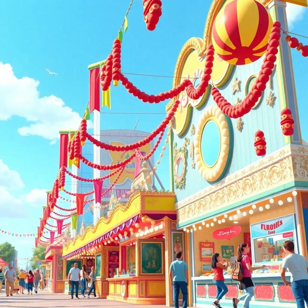 A colorful city fair scene with decorations, booths showing talents, and happy people, showcasing a festive atmosphere under a bright blue sky, digital art, vibrant colors, cheerful setting, high quality, a joyful event
