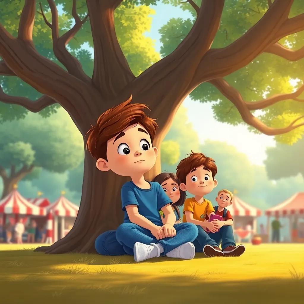 Tomás, a shy boy with short brown hair wearing a blue t-shirt and jeans, sitting with his friends Lúcia and Pedro under a large tree, looking nervous but excited about the fair, illustration, warm light, friendly tone, child-friendly