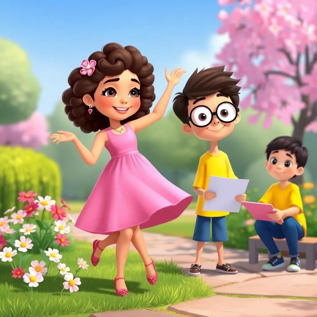 Lúcia, a girl with curly hair, wearing a pink dress, dancing gracefully in the park with flowers around her, while Pedro, a boy with glasses and a bright yellow shirt, draws next to her, cheerful colors, playful atmosphere, charming art
