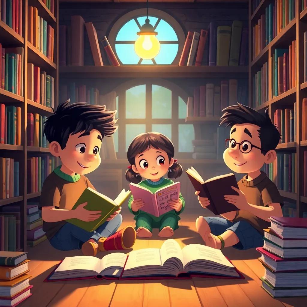 A cozy library with Tomás looking at a book, Lúcia reading a poem and Pedro telling a funny story, surrounded by colorful books and warm light, illustration, inviting scene, child-friendly