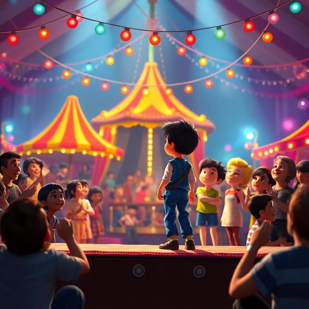 A vibrant fair scene filled with people clapping, as Tomás steps onto the stage with a determined look, while Lúcia and Pedro cheer him on from the side, colorful lights, lively atmosphere, engaging art