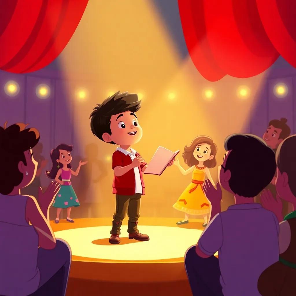 Tomás gaining confidence on stage, telling a story with his friends dancing beside him, a captivated audience clapping and smiling, bright event lighting, warm scene, uplifting illustration