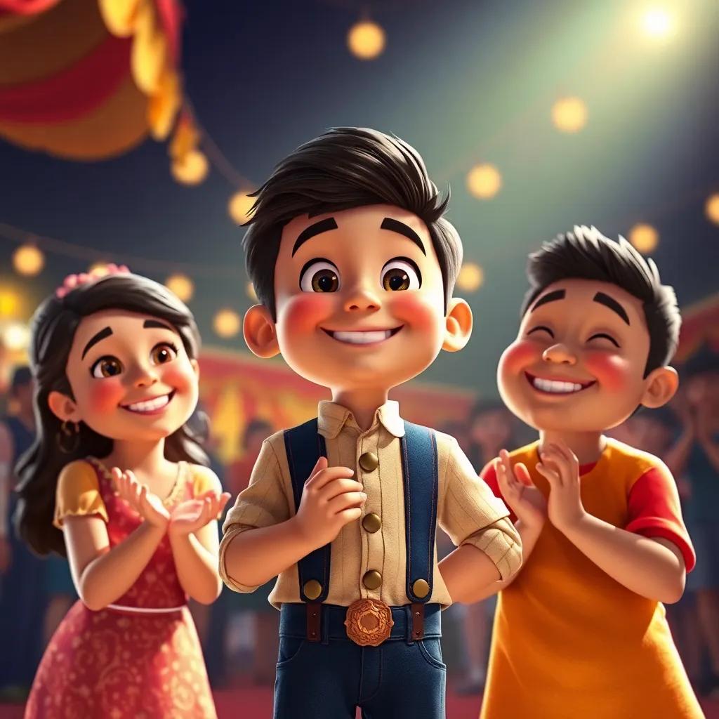 Tomás receiving applause after his performance, looking happy and cheerful, surrounded by his friends Lúcia and Pedro, celebrating together, colorful fair background, heartwarming atmosphere