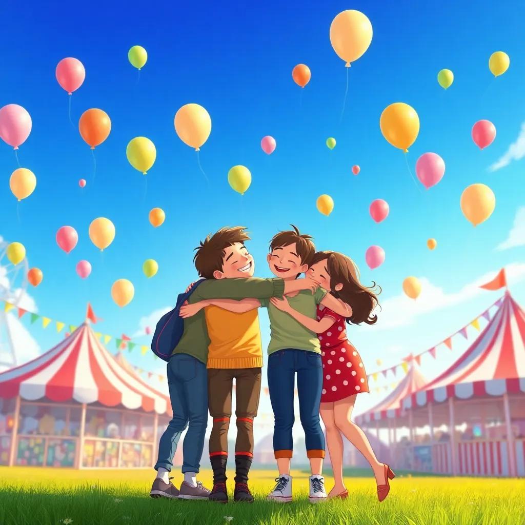 A beautiful fair ending with friends hugging, laughter and joy around them, balloons floating in the blue sky, colorful stands in the background, joyful and cheerful art