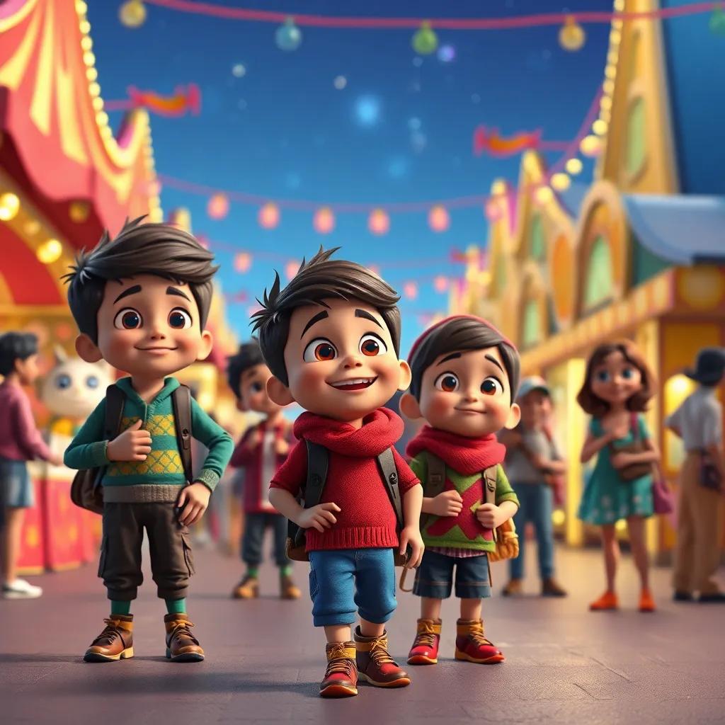 Tomás and his friends exploring future fairs, looking encouraged and happy as they create more talents and memories together, showcasing light and hope, vibrant colors, imaginative art