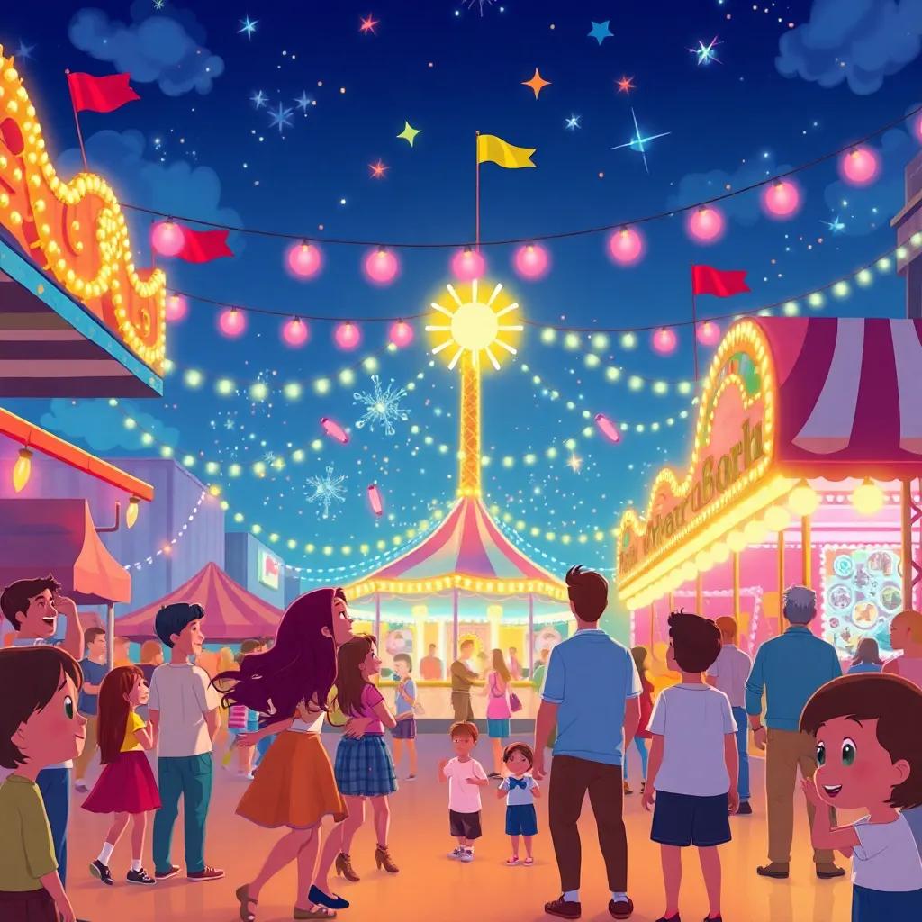 The city fair becoming a magical place of friendship and support, with colorful lights and happy people celebrating together, joyful scenes, youthful and lively illustration.