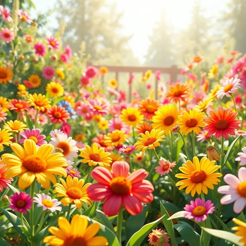 A beautiful garden filled with colorful flowers planning a party, cheerful flowers with smiling petals, bright sunlight, joyful atmosphere, digital art, vivid colors, playful scene, high quality