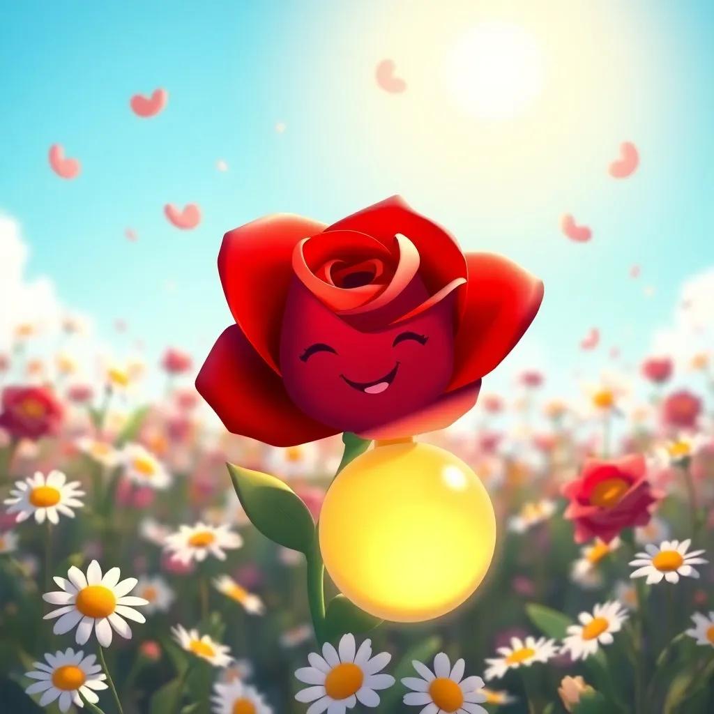 A red rose bringing sweet perfume to the party, surrounded by dancing daisies, bright blue sky, cheerful character, illustration, colorful, child-friendly