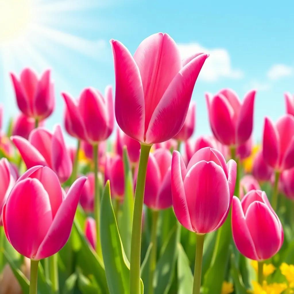 Tulips in pink and purple swaying their petals like stars in a TV show, bright and lively atmosphere, sunny day, cheerful flowers, illustration, appealing to kids, vivid colors