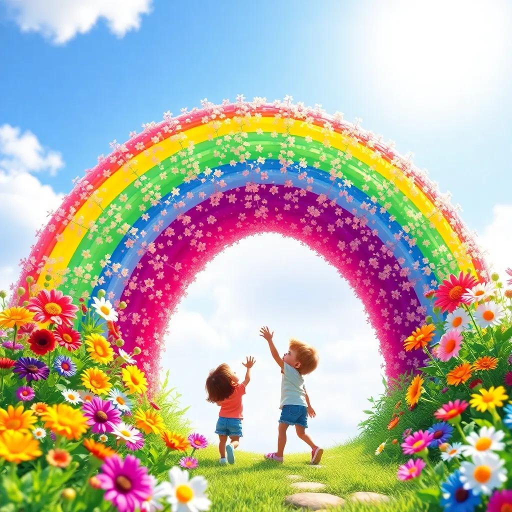 A rainbow created by flowers in a garden, colorful and bright, with little kids reaching out to touch it, sunny and vibrant background, digital art, playful scene, high quality