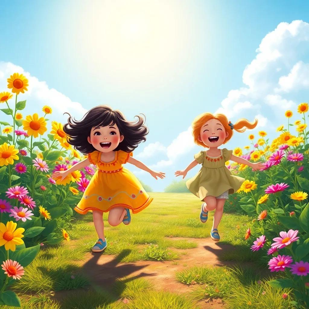 Children running to a flower garden, laughing and dancing, sun shining brightly, colorful dress, joyful expressions, cheerful environment, digital painting, high quality