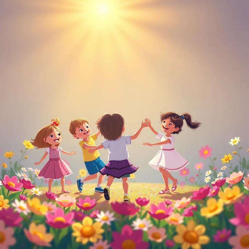 Children dancing in a circle with flowers around, happy and bright atmosphere, colorful petals swaying, sunshine above, illustration, inviting and friendly, vibrant colors