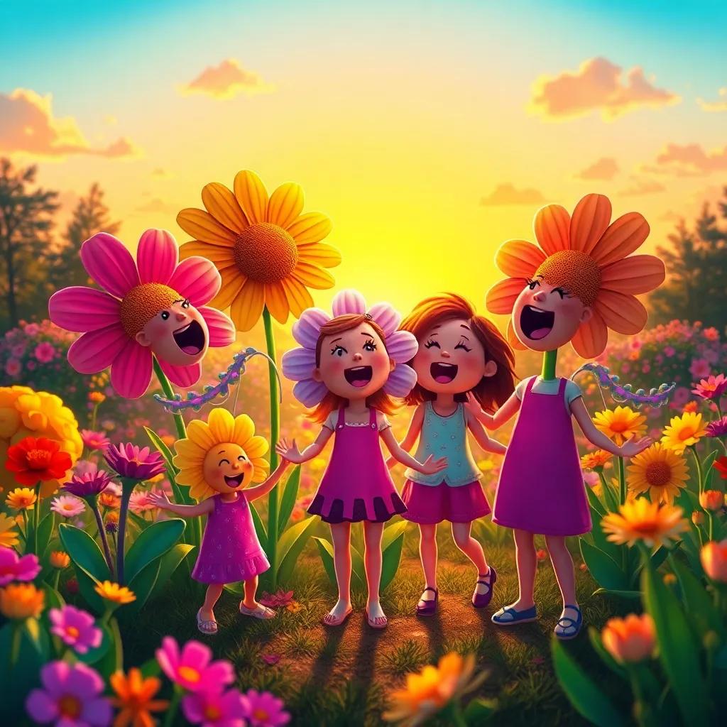 A group of cheerful flowers singing together with kids dancing joyfully, colorful garden, sunset glow, magical scene, digital art, warm colors, high quality