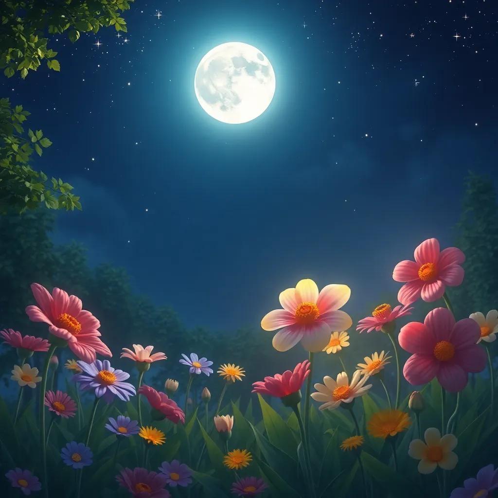 A beautiful garden at night under a full moon, flowers smiling and looking at the sky, stars twinkling, magical and serene, digital painting, peaceful scene, high quality