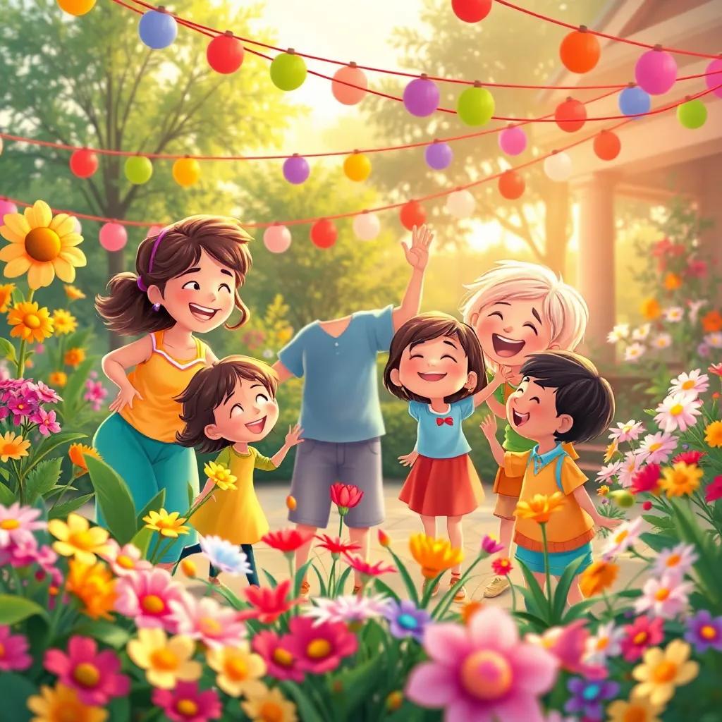 A joyful celebration in a garden with flowers and children, laughter and fun in the air, daylight fading, colorful decorations, heartwarming scene, illustration, bright and cheerful, high quality