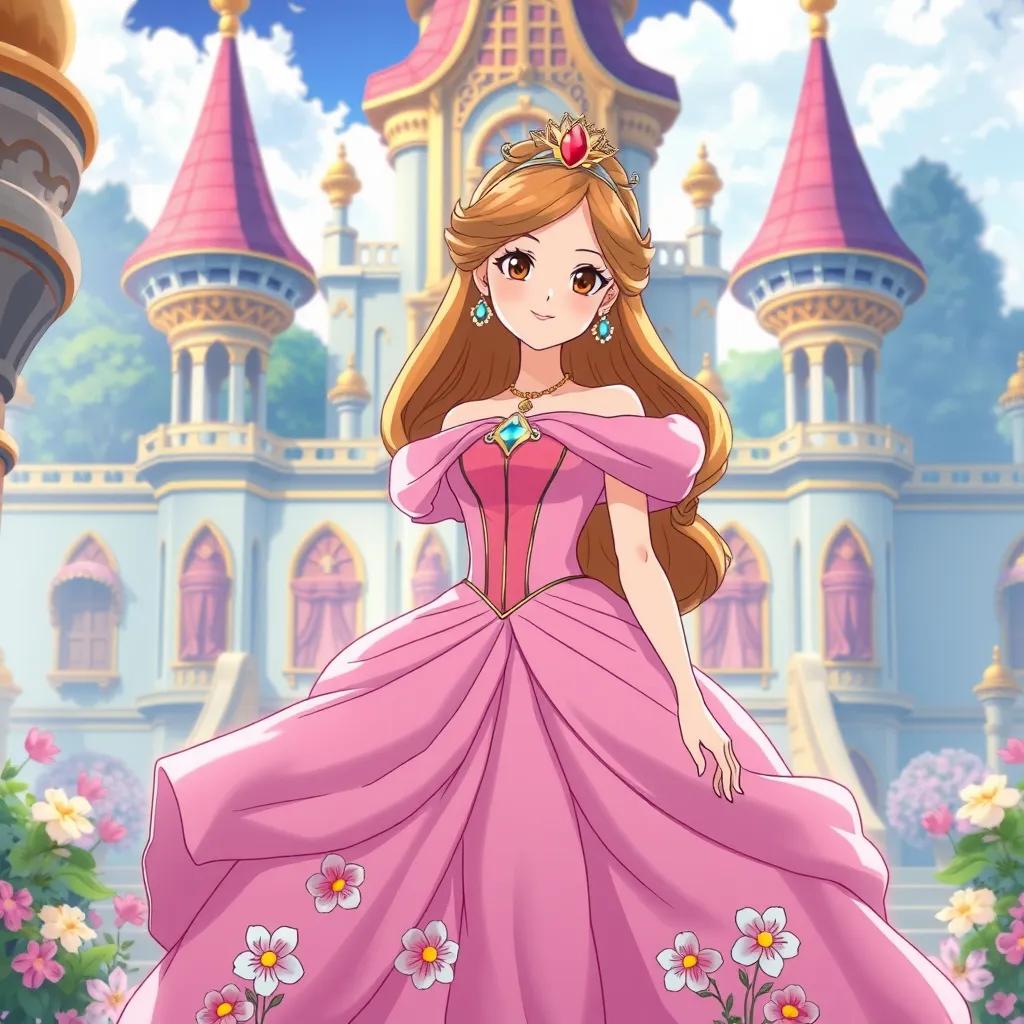 A beautiful princess named Gabriella is standing in her capital city’s palace. She wears a stunning pink dress, with flowers around her.