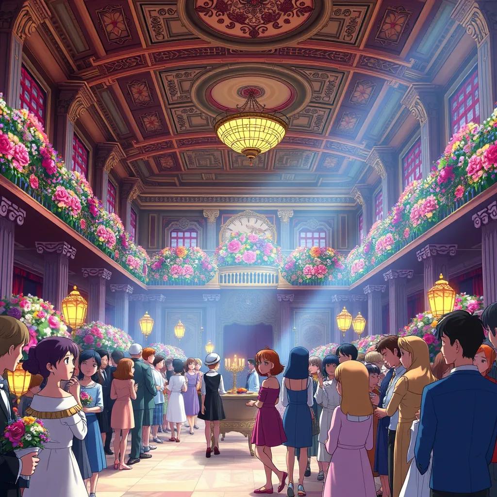 The elegantly decorated hall of the palace filled with guests. Colorful flowers and bright lights create a festive atmosphere. Everyone is smiling and chatting.
