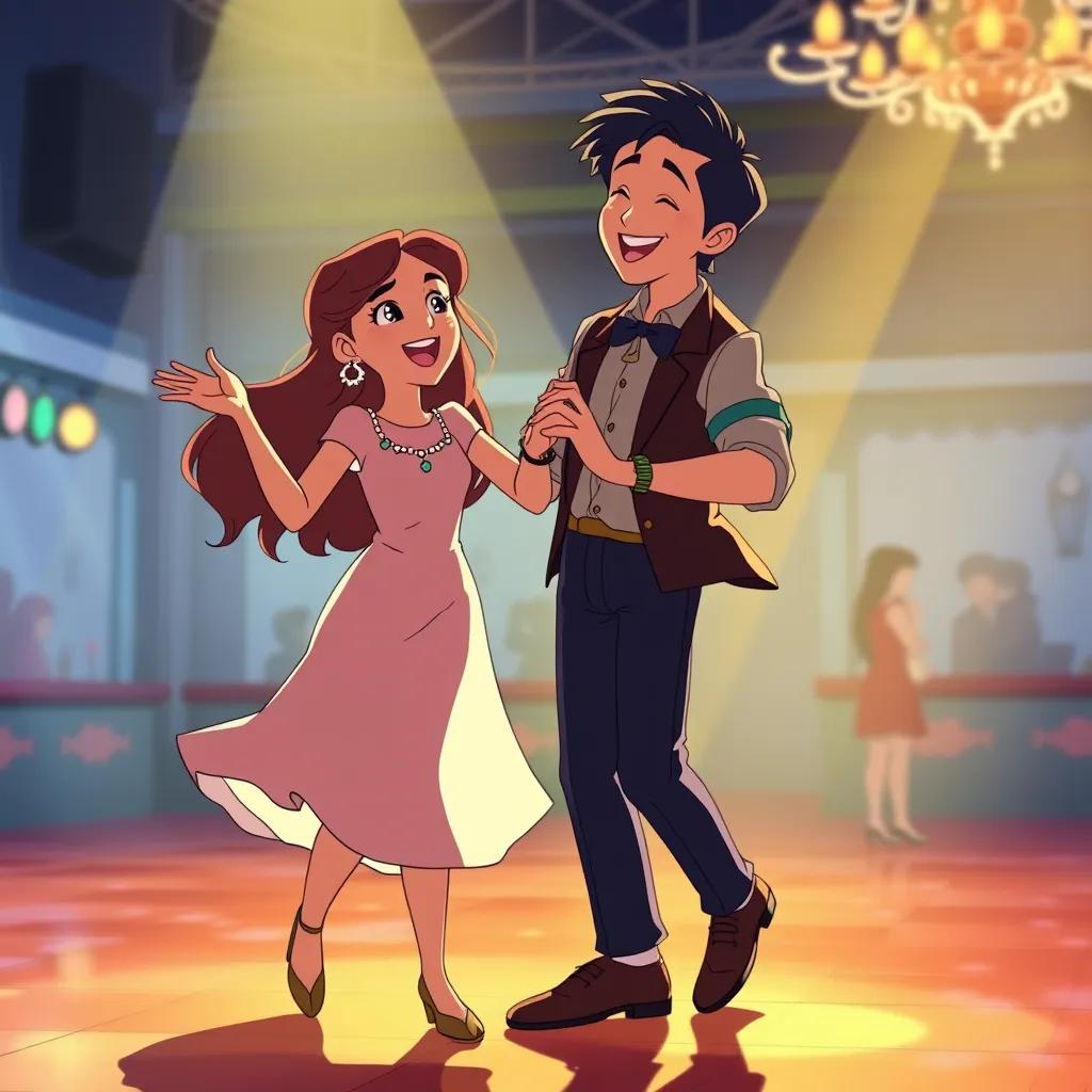 Gabriella and her best friend Miguel are dancing happily together. They are laughing and having fun on the dance floor.
