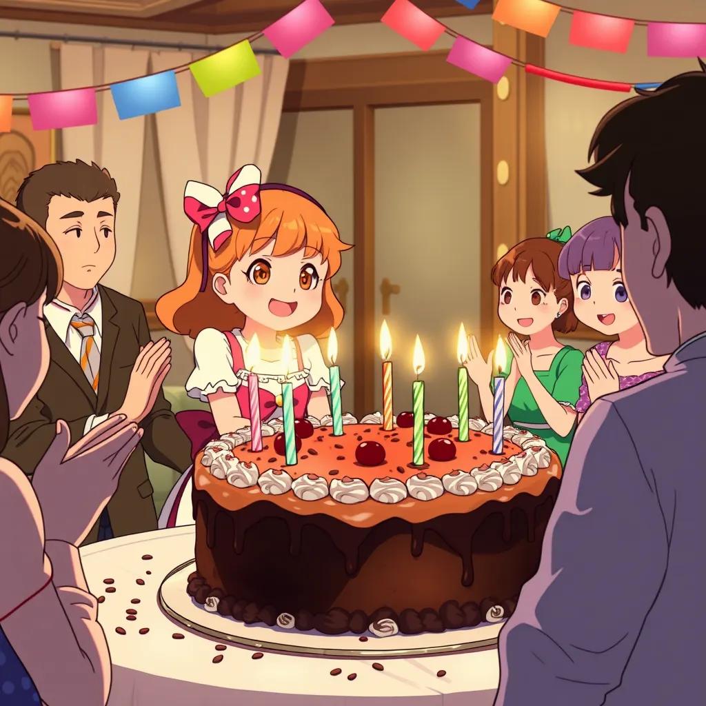 A large chocolate cake is being presented at the party. Gabriella is about to blow out the candles while smiling, with guests clapping around her.