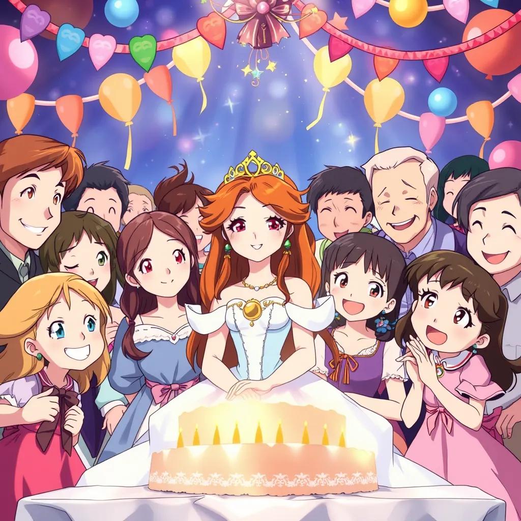 The princess is surrounded by her friends and family, all smiling and celebrating. The atmosphere is joyful and magical, with decorations all around.