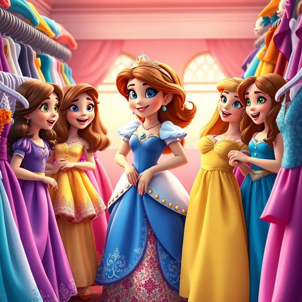 Princess Gabriella surrounded by her friends, choosing a dress. They look excited and are holding different dresses in vibrant colors. The room is filled with fabrics and accessories. Digital art, hyperrealistic, cheerful, bright colors, studio lighting.