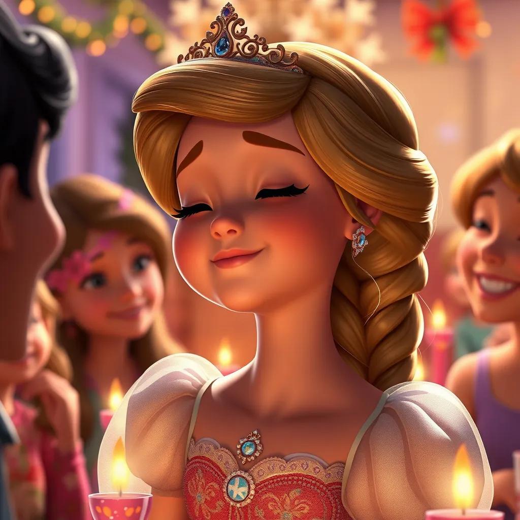 Princess Gabriella at the end of her party, closing her eyes and making a wish. She looks content and happy, with friends around her smiling. The background shows the festive decorations. Digital art, hyperrealistic, peaceful, warm colors.