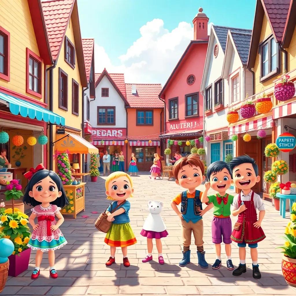A small cheerful town square with children preparing for the Folklore Festival, colorful decorations everywhere, joyful expressions, bright sunlight, joyful atmosphere, digital art, vibrant colors, high quality