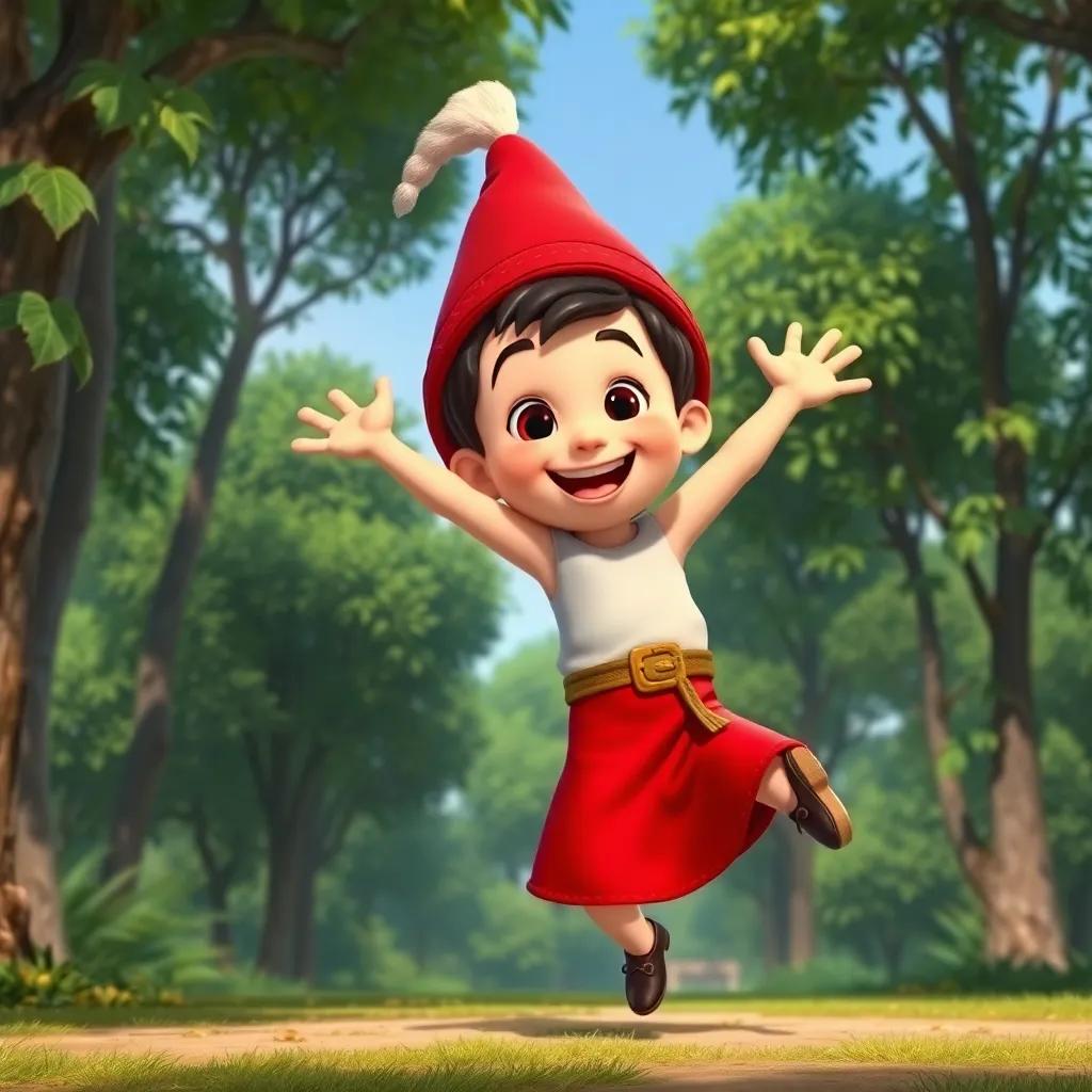 A young boy, Joaquim, dressed as Saci, wearing a red hat and playful posture, jumping around with one leg, surrounded by green trees, fun and lively scene, digital art, cheerful, high quality