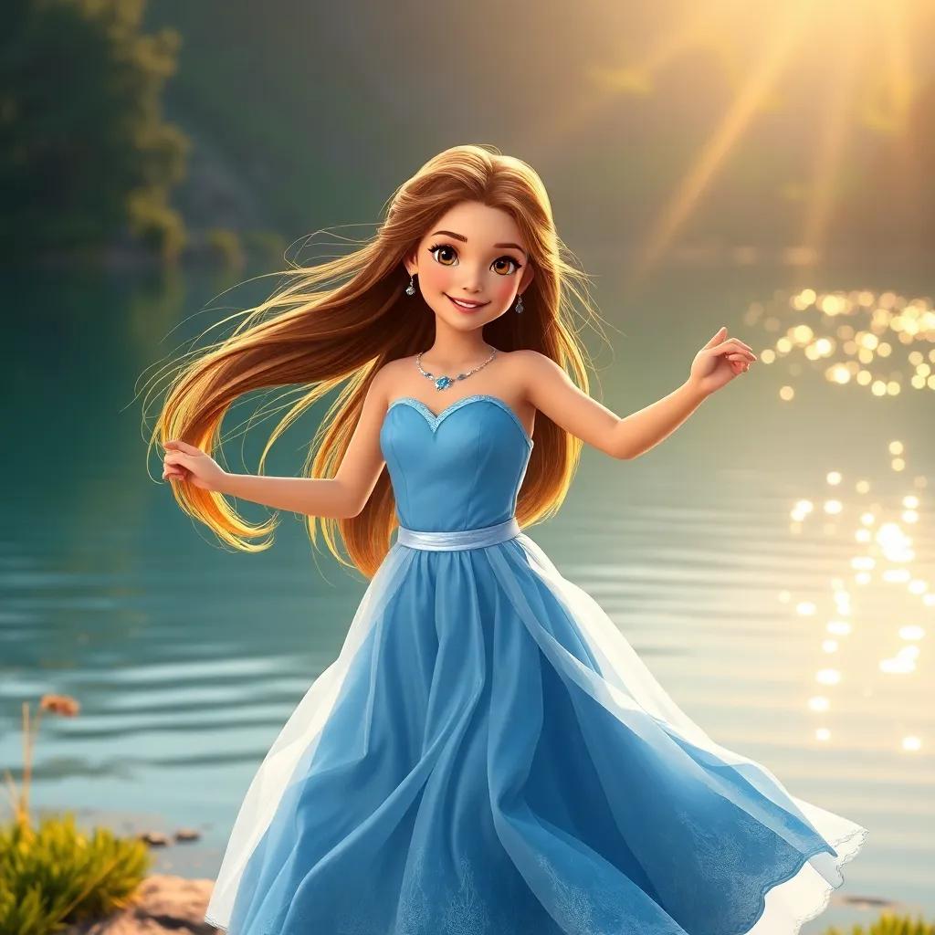 A young girl, Maria, representing Iara, with long flowing hair, wearing a beautiful blue dress, dancing by a serene lake, sparkling water reflecting sunlight, enchanting and magical atmosphere, digital art, high quality