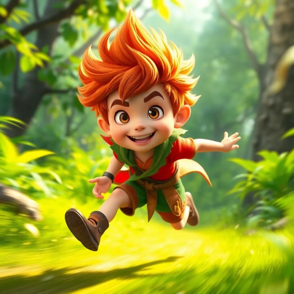 A young boy, Lucas, dressed as Curupira, with wild fiery hair, in a vibrant green forest, running swiftly with a mischievous smile, conveying speed and playfulness, digital art, lively, high quality