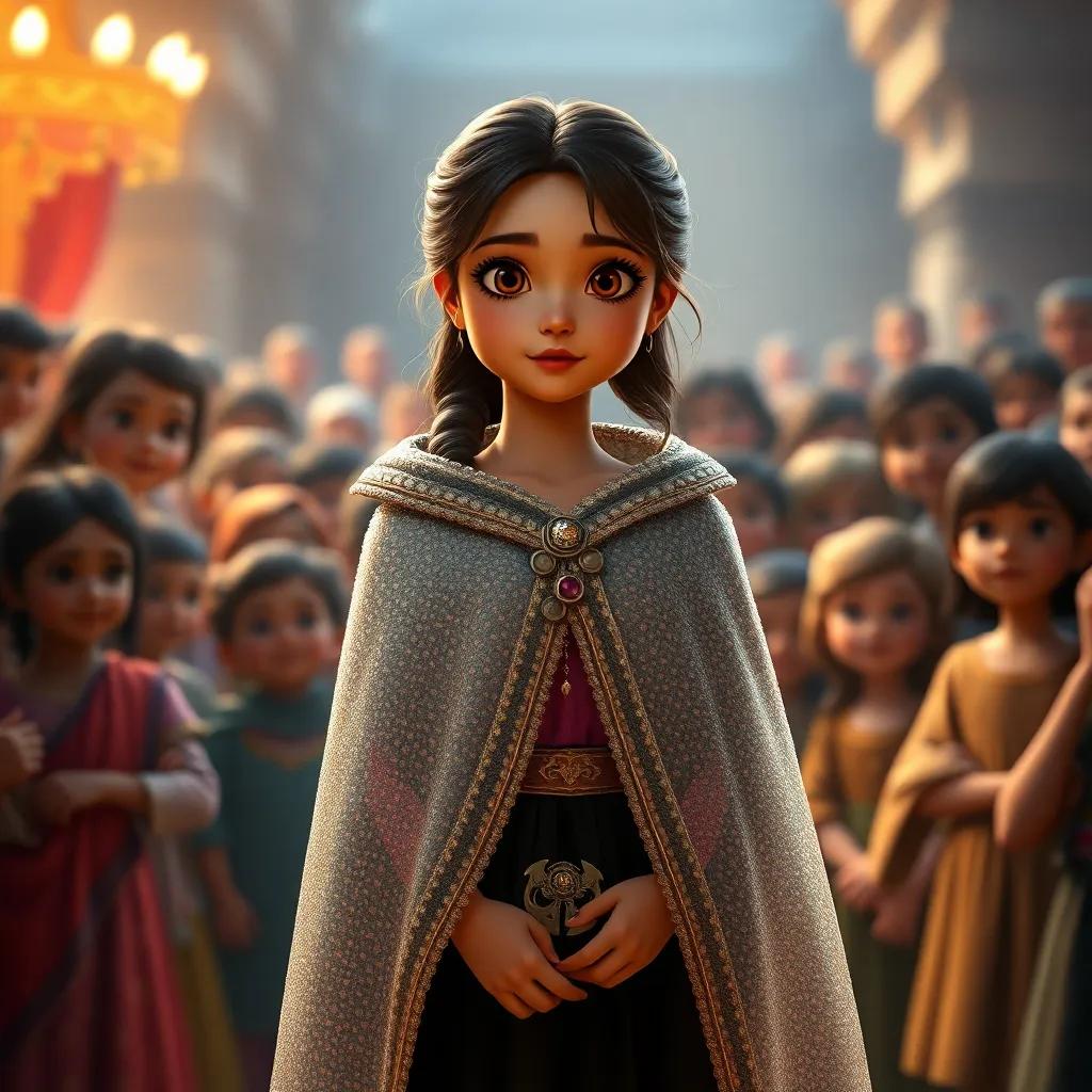 A young girl, Ana, representing Mula-sem-cabeça, wearing a glittering cloak, elegantly standing in front of a curious crowd, a sense of mystery and wonder, digital art, enchanting, high quality