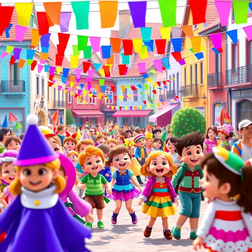 A colorful parade in the town square with children in costumes, colorful flags flying in the air, laughter and music filling the atmosphere, celebrating togetherness, digital art, festive scene, high quality